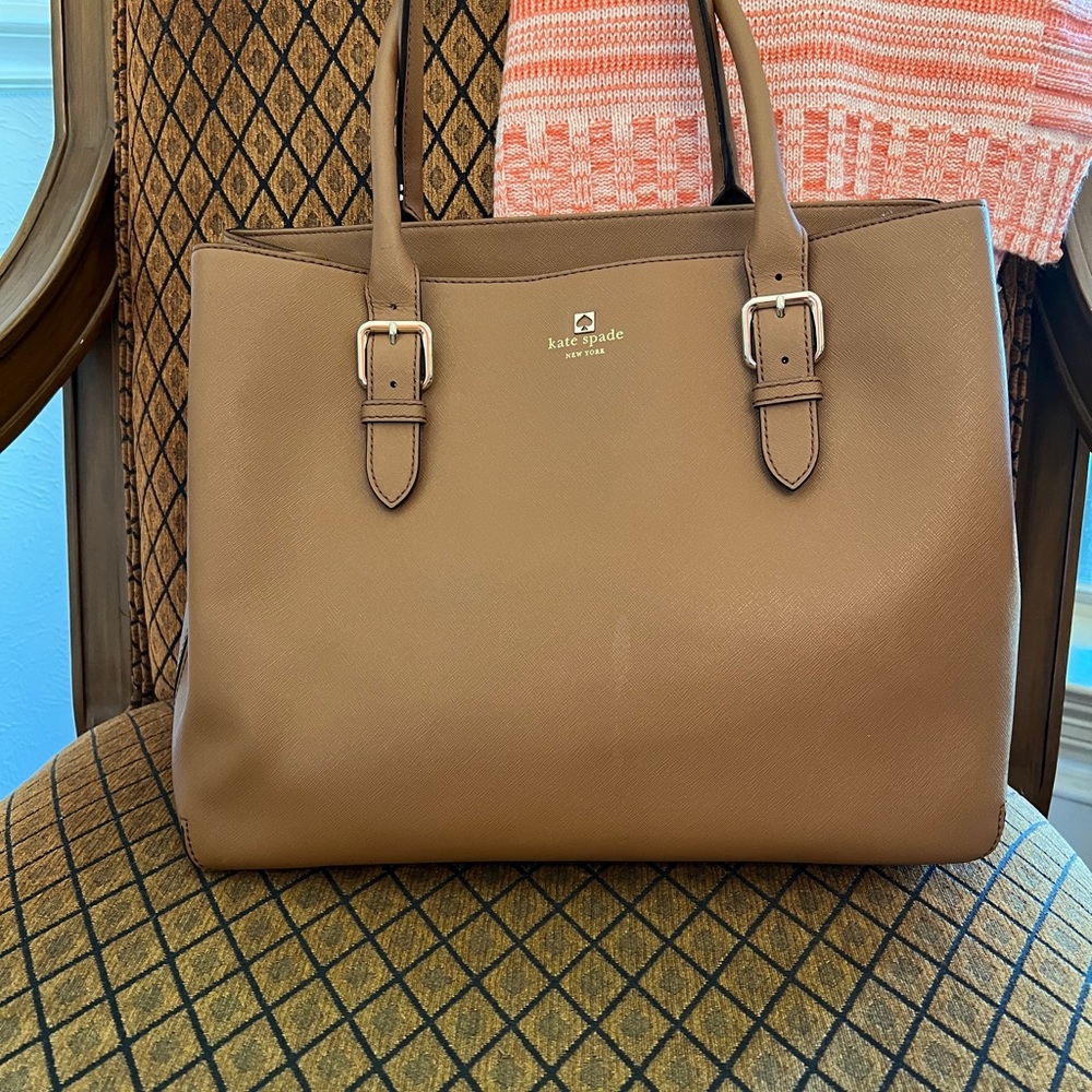 Kate Spade Camel Leather Tote Handbag 15” W 12” H x 6" D - Picture 2 of 6